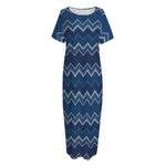 Blue Chevron Knitted Pattern Print Short Sleeve Long Nightdress