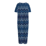 Blue Chevron Knitted Pattern Print Short Sleeve Long Nightdress
