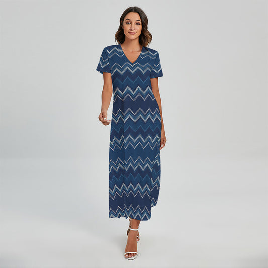 Blue Chevron Knitted Pattern Print Short Sleeve Maxi Dress