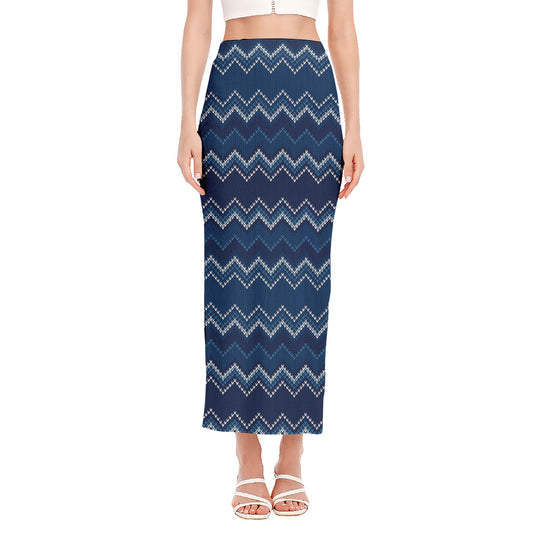 Blue Chevron Knitted Pattern Print Side Slit Maxi Skirt