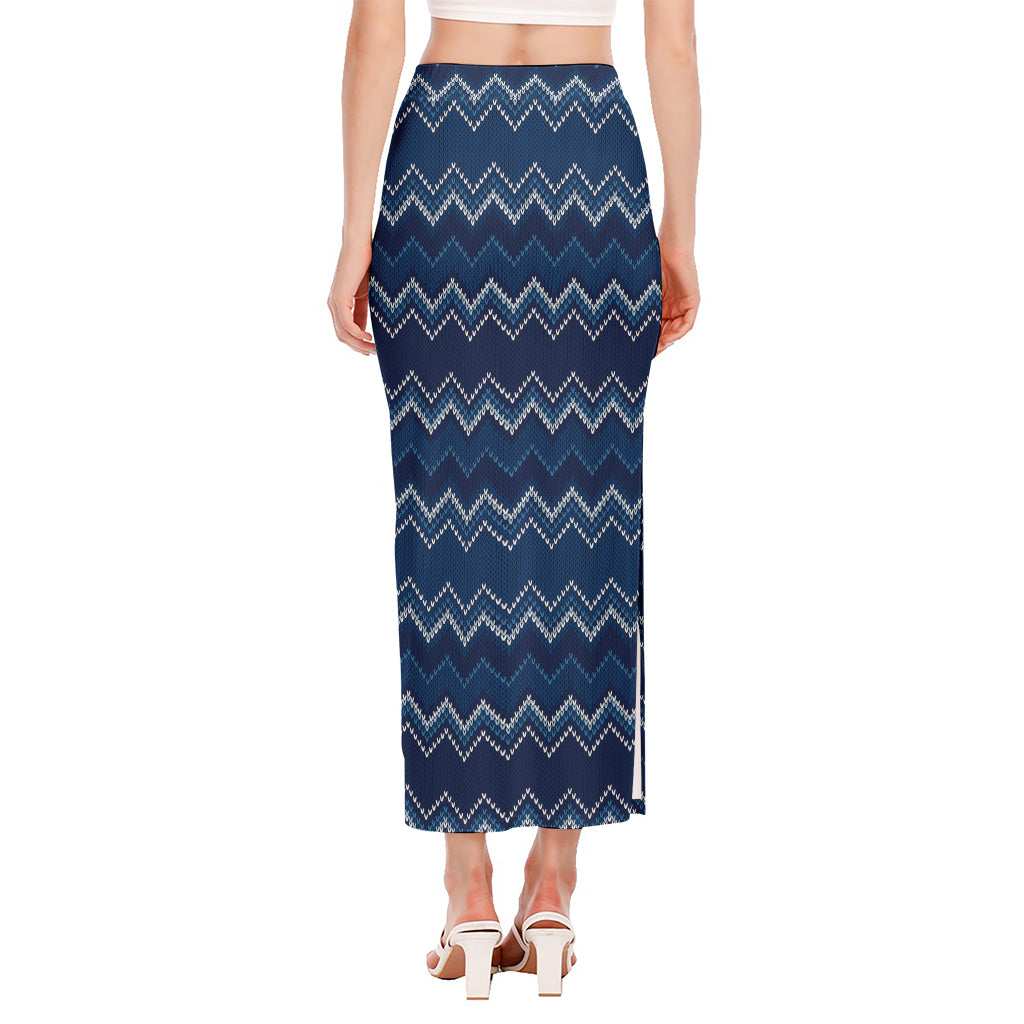 Blue Chevron Knitted Pattern Print Side Slit Maxi Skirt