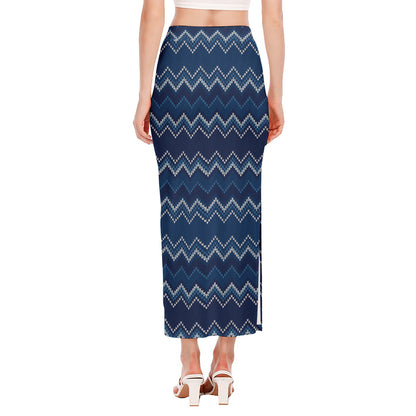 Blue Chevron Knitted Pattern Print Side Slit Maxi Skirt
