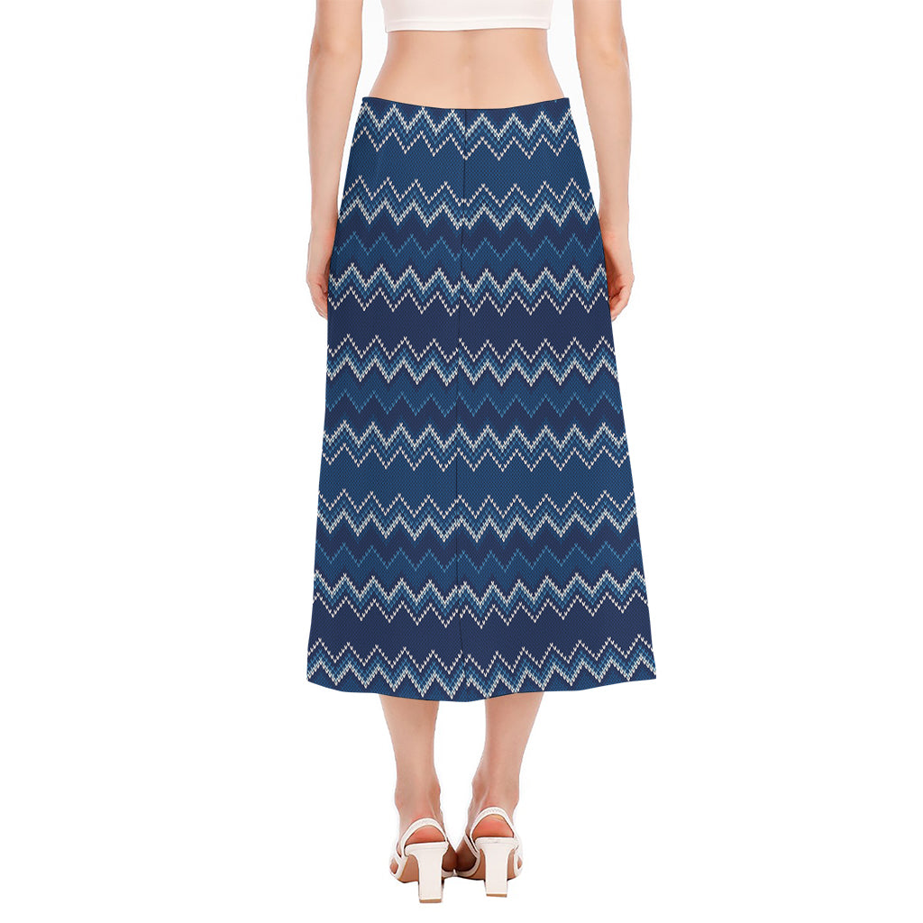 Blue Chevron Knitted Pattern Print Side Slit Midi Skirt