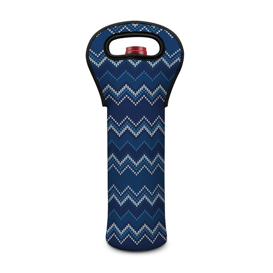 Blue Chevron Knitted Pattern Print Single Neoprene Wine Tote