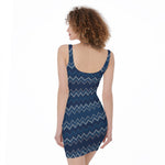 Blue Chevron Knitted Pattern Print Sleeveless Bodycon Dress