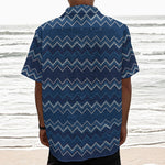Blue Chevron Knitted Pattern Print Textured Short Sleeve Shirt