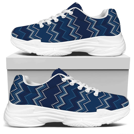 Blue Chevron Knitted Pattern Print White Chunky Shoes