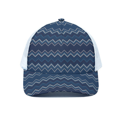 Blue Chevron Knitted Pattern Print White Mesh Trucker Cap