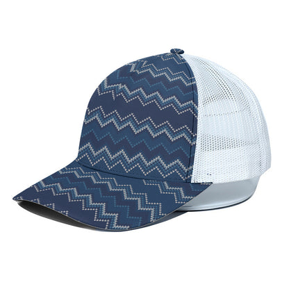 Blue Chevron Knitted Pattern Print White Mesh Trucker Cap