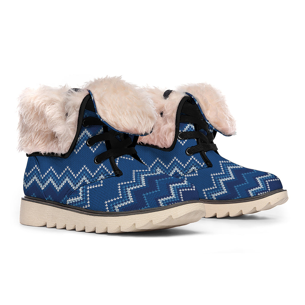 Blue Chevron Knitted Pattern Print Winter Boots