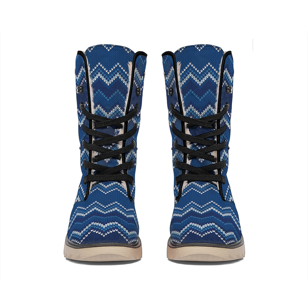Blue Chevron Knitted Pattern Print Winter Boots