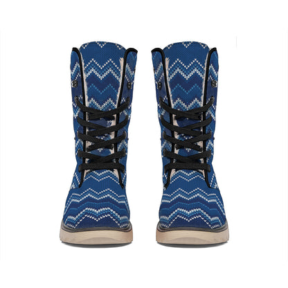 Blue Chevron Knitted Pattern Print Winter Boots