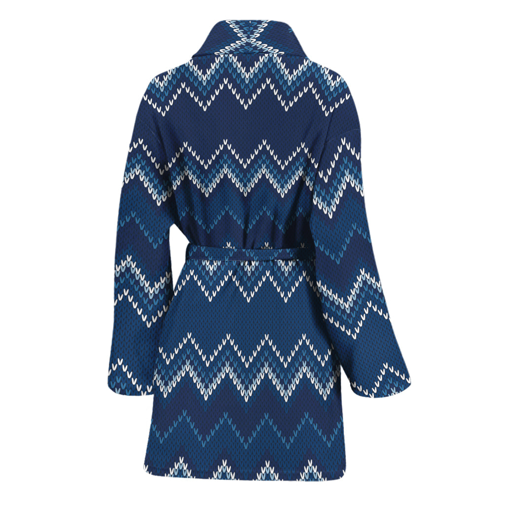 Blue Chevron Knitted Pattern Print Women's Bathrobe