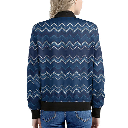 Blue Chevron Knitted Pattern Print Women's Bomber Jacket