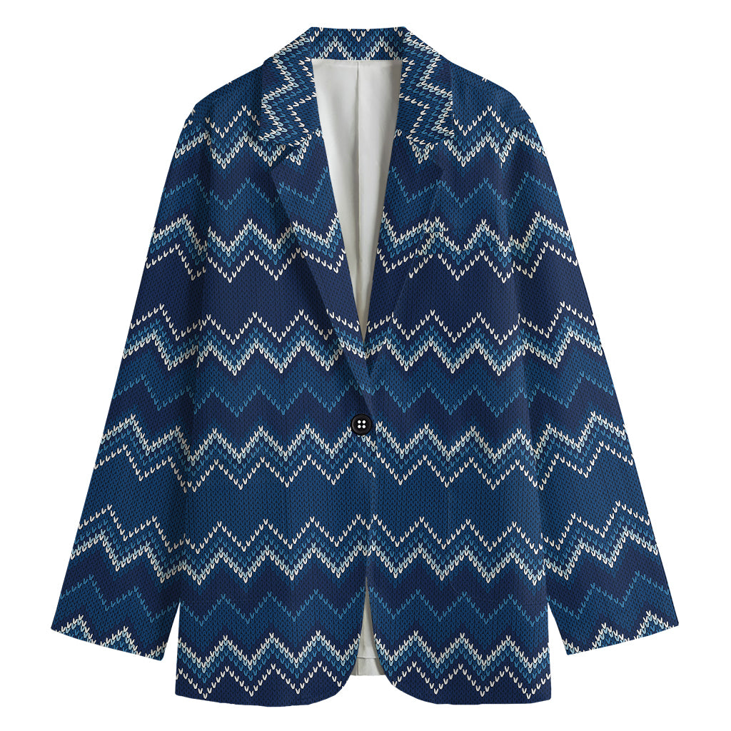 Blue Chevron Knitted Pattern Print Women's Cotton Blazer