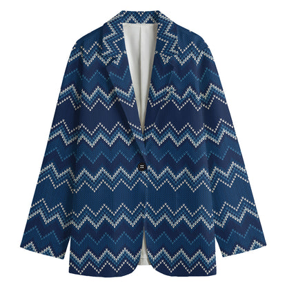 Blue Chevron Knitted Pattern Print Women's Cotton Blazer