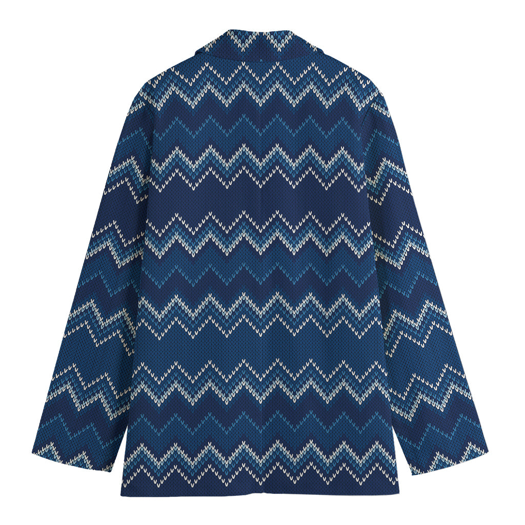 Blue Chevron Knitted Pattern Print Women's Cotton Blazer