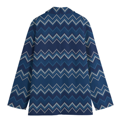 Blue Chevron Knitted Pattern Print Women's Cotton Blazer