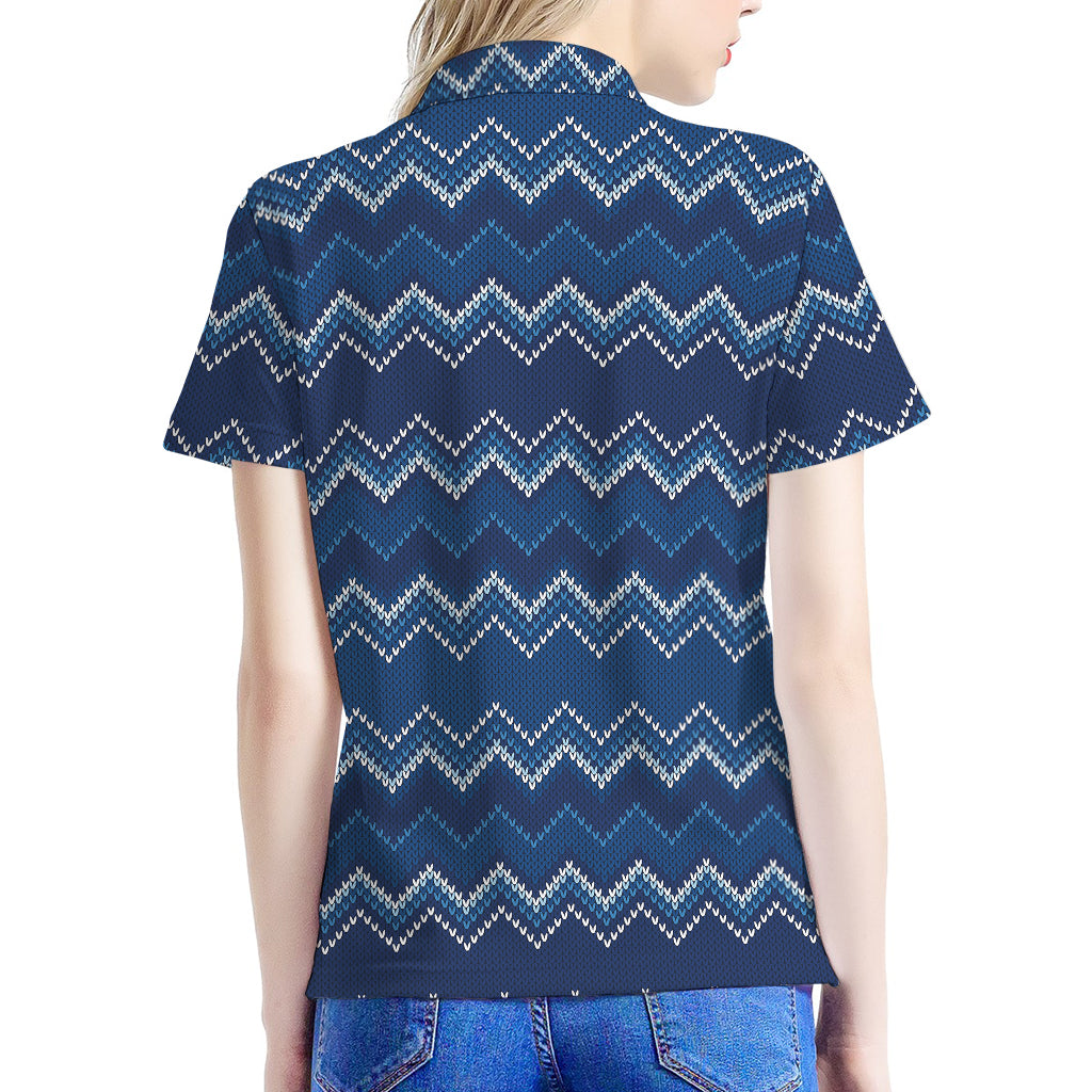 Blue Chevron Knitted Pattern Print Women's Polo Shirt