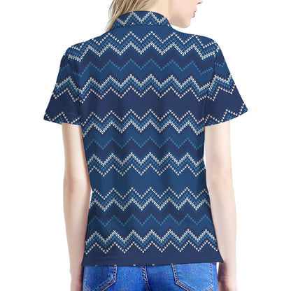 Blue Chevron Knitted Pattern Print Women's Polo Shirt