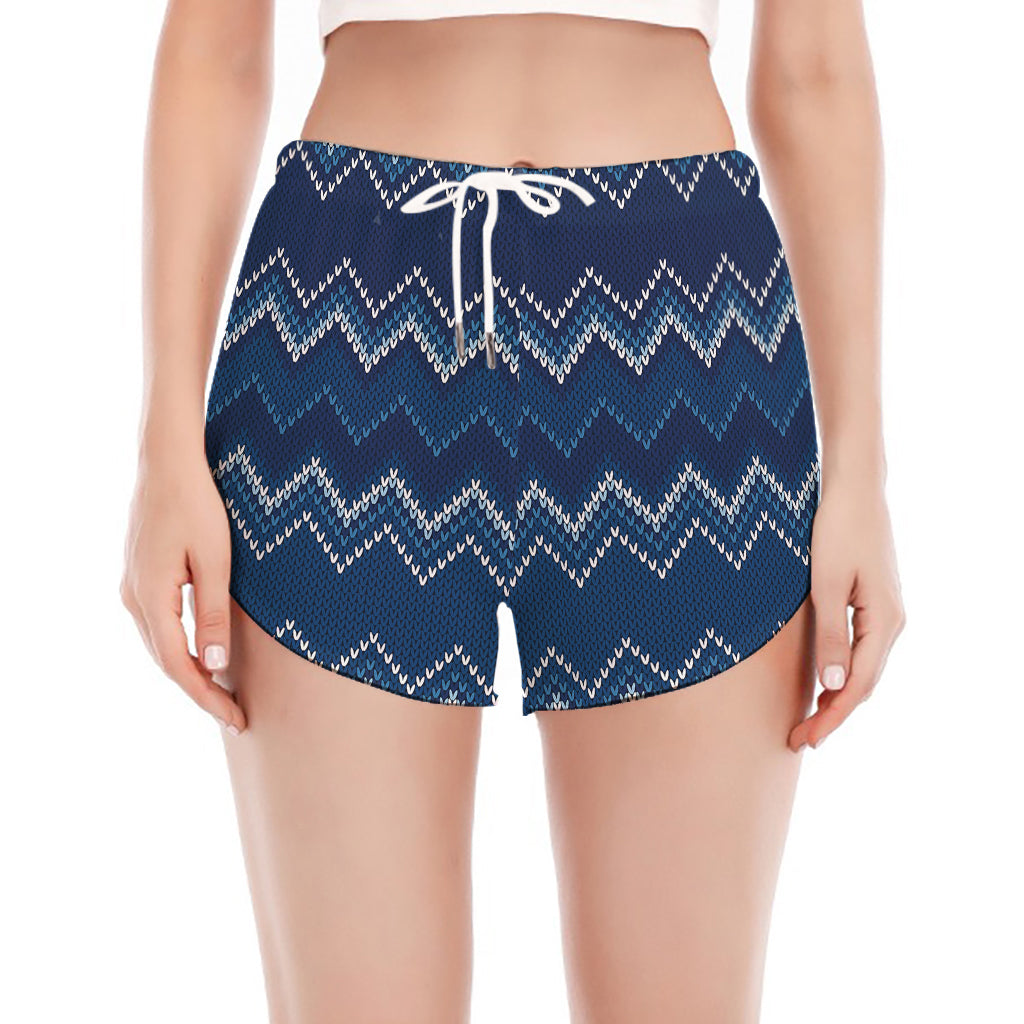 Blue Chevron Knitted Pattern Print Women's Split Running Shorts