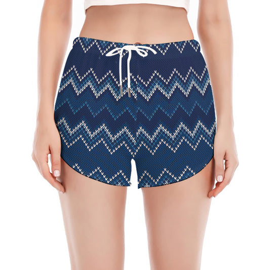 Blue Chevron Knitted Pattern Print Women's Split Running Shorts