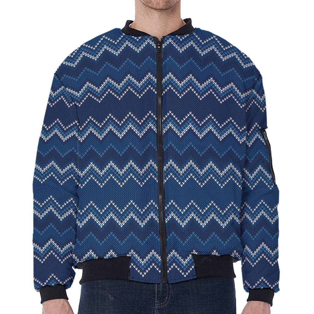 Blue Chevron Knitted Pattern Print Zip Sleeve Bomber Jacket