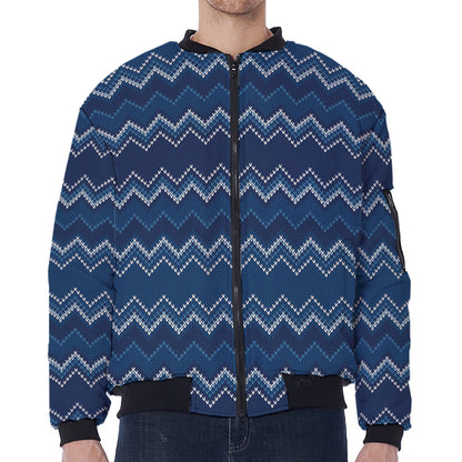 Blue Chevron Knitted Pattern Print Zip Sleeve Bomber Jacket