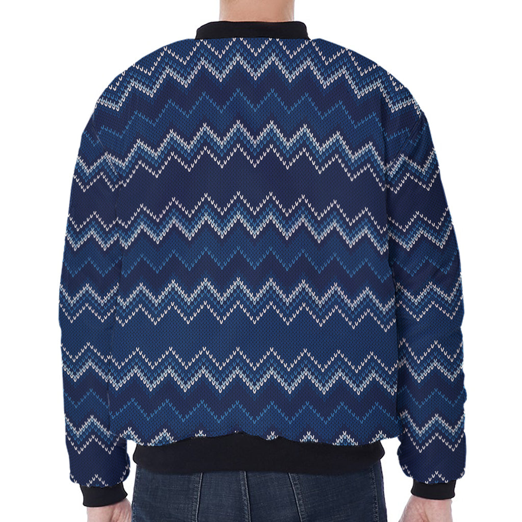 Blue Chevron Knitted Pattern Print Zip Sleeve Bomber Jacket