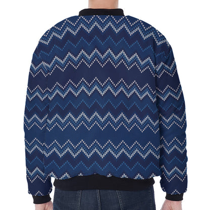 Blue Chevron Knitted Pattern Print Zip Sleeve Bomber Jacket