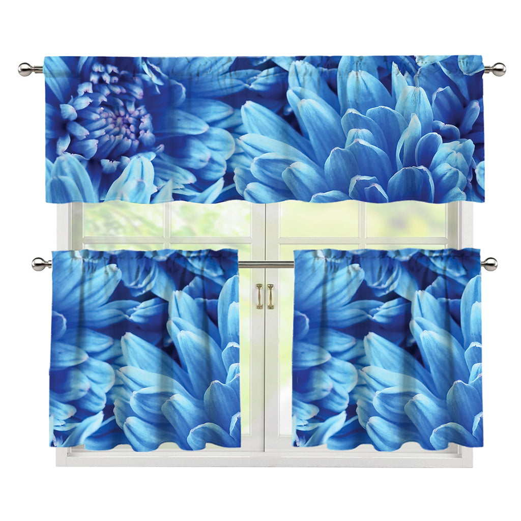 Blue Chrysanthemum Flower Print 3 Piece Kitchen Curtains