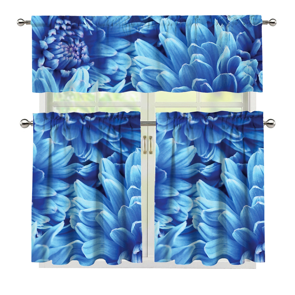 Blue Chrysanthemum Flower Print 3 Piece Kitchen Curtains