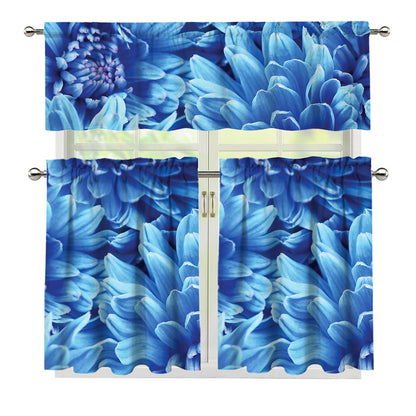 Blue Chrysanthemum Flower Print 3 Piece Kitchen Curtains