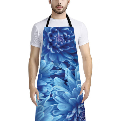 Blue Chrysanthemum Flower Print Bib Apron With Pocket
