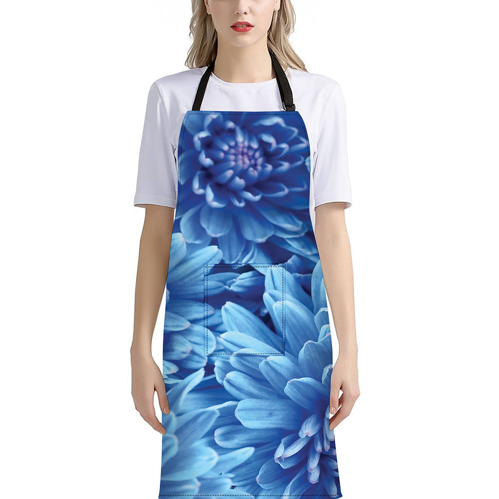 Blue Chrysanthemum Flower Print Bib Apron With Pocket