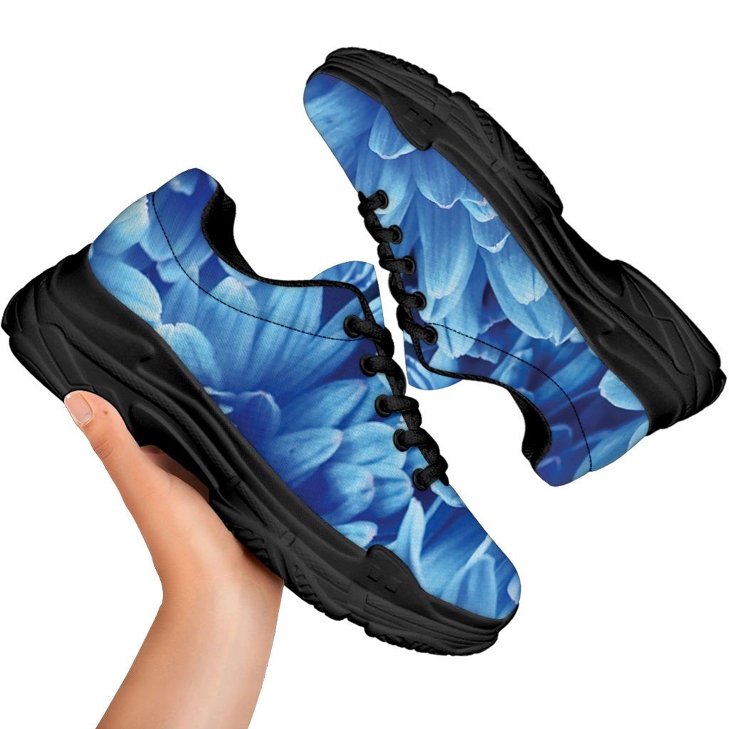 Blue Chrysanthemum Flower Print Black Chunky Shoes