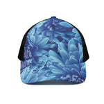 Blue Chrysanthemum Flower Print Black Mesh Trucker Cap