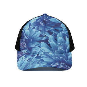 Blue Chrysanthemum Flower Print Black Mesh Trucker Cap