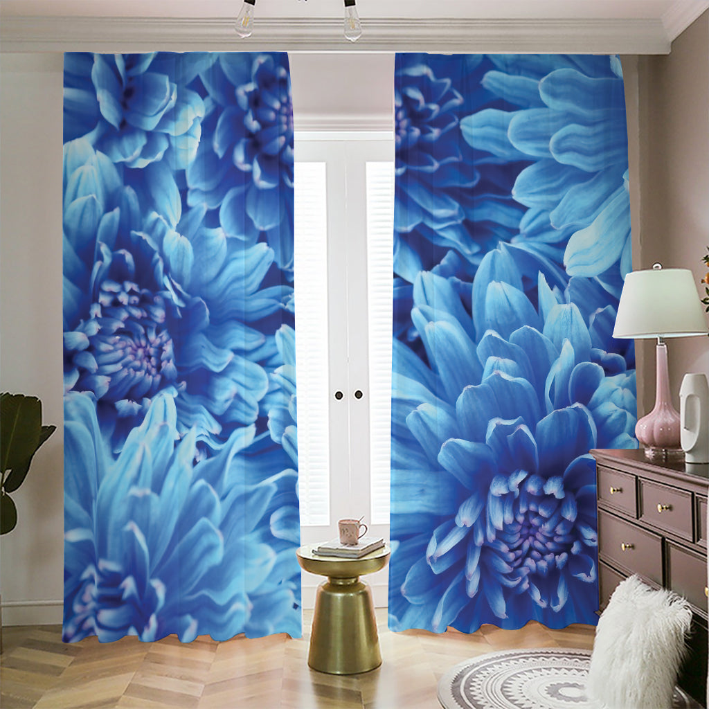 Blue Chrysanthemum Flower Print Blackout Pencil Pleat Curtains