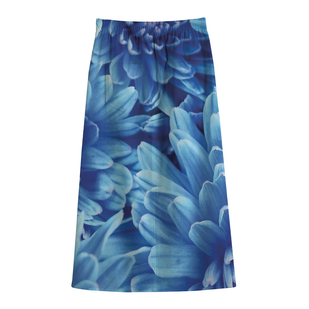 Blue Chrysanthemum Flower Print Cotton Front Slit Maxi Skirt