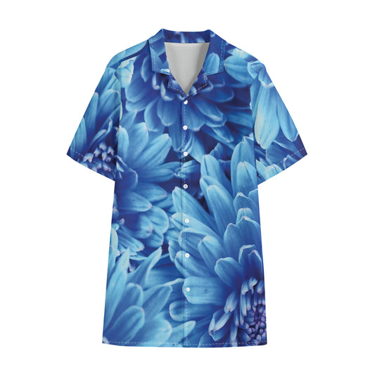 Blue Chrysanthemum Flower Print Cotton Hawaiian Shirt