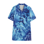 Blue Chrysanthemum Flower Print Cotton Hawaiian Shirt