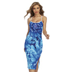 Blue Chrysanthemum Flower Print Cross Back Cami Dress