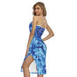 Blue Chrysanthemum Flower Print Cross Back Cami Dress