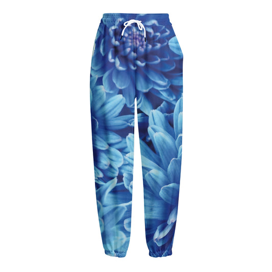 Blue Chrysanthemum Flower Print Fleece Lined Knit Pants