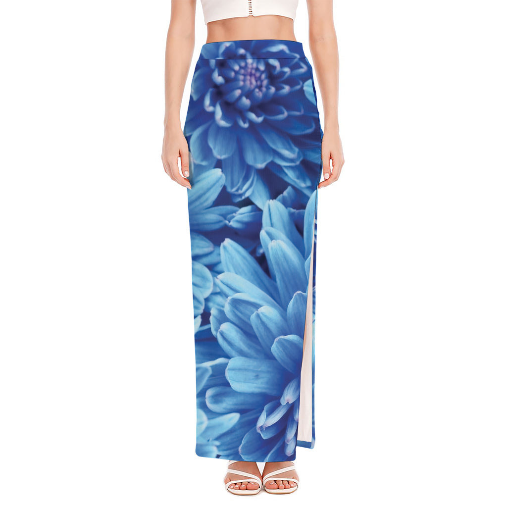 Blue Chrysanthemum Flower Print High Slit Maxi Skirt