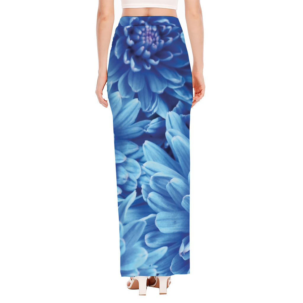 Blue Chrysanthemum Flower Print High Slit Maxi Skirt