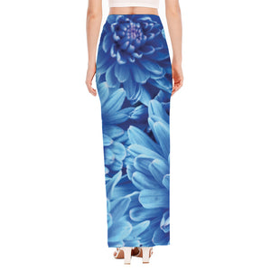 Blue Chrysanthemum Flower Print High Slit Maxi Skirt