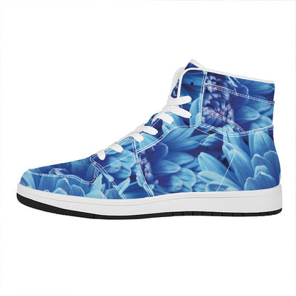 Blue Chrysanthemum Flower Print High Top Leather Sneakers