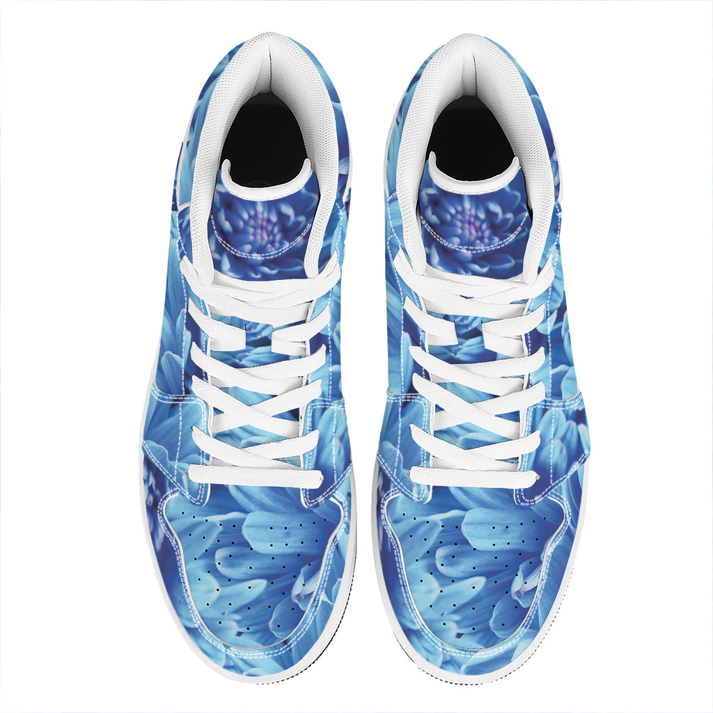 Blue Chrysanthemum Flower Print High Top Leather Sneakers